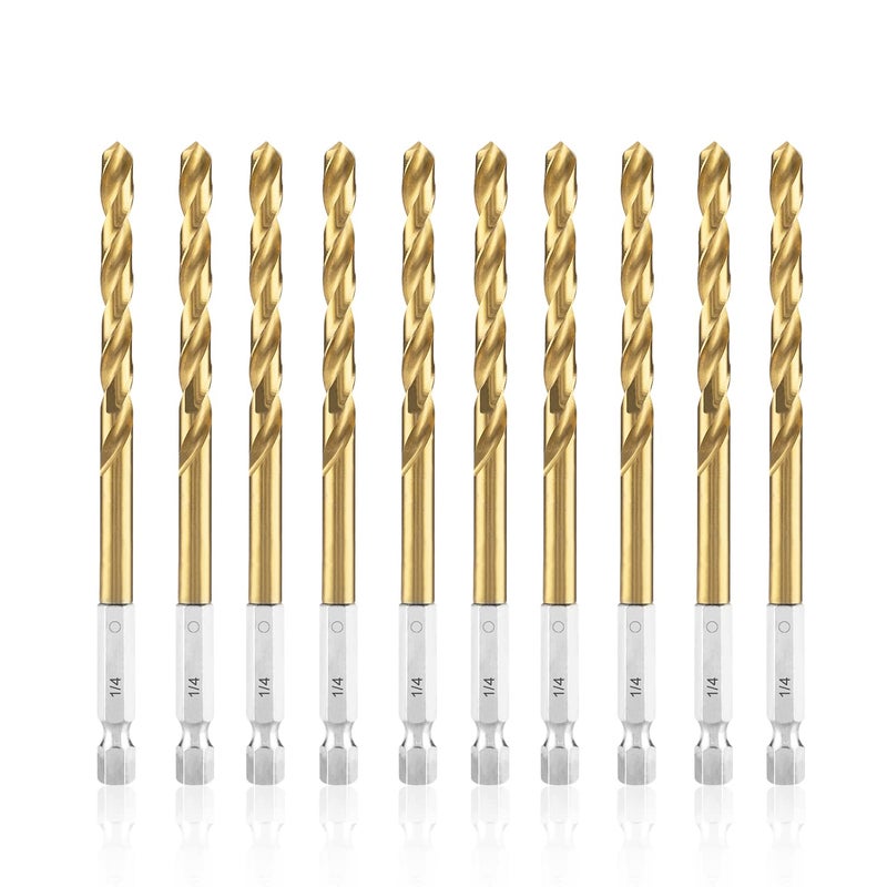 amoolo 1/4 Impact Drill Bit Sets, 10Pcs Titanium HSS Twist Hex Shank Drill Bit Set for Metal, Steel, Wood, Plastic, Quick Change Design - Image 1